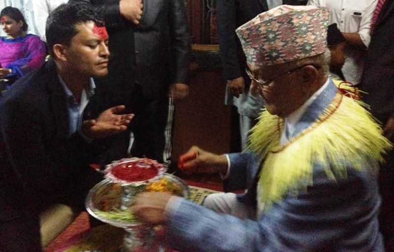 Past Prime Minister of Nepal, KP Sharma Oli giving Teeka & Jamara of Bijaya Dashami in his home Balkot Bhaktapur.