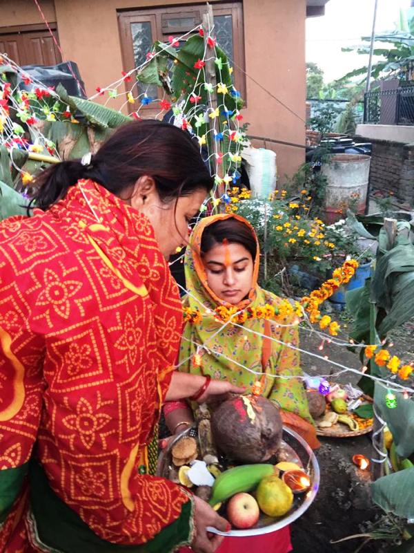 Actress Shilpa Pokhrel in Pooja of Chhathi Maiya.