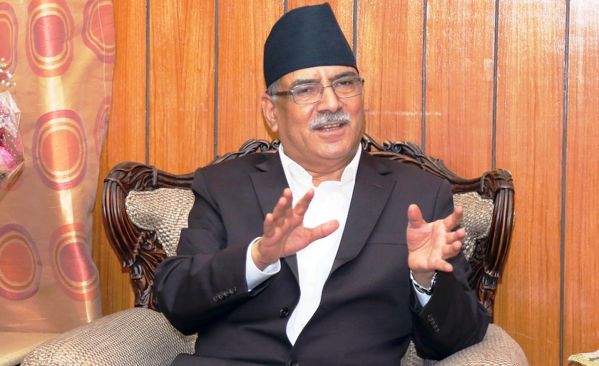 Prime Minister Pushpa Kamal Dahal in Tribhuwan Int'l Airport for press breafing about India visit.