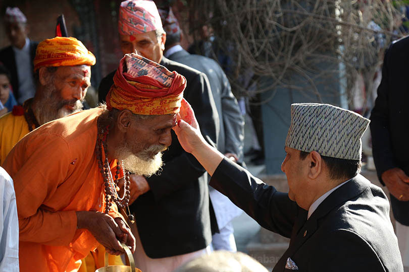 Past King Gyanendra Shah giving Teeka of Dashain in his resedency Nirmal Niwash.