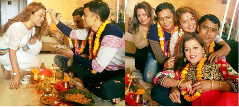 Nepal's Nomber 1 Actress Rekha Thapa with her brothers in Bhaiteeka mood.