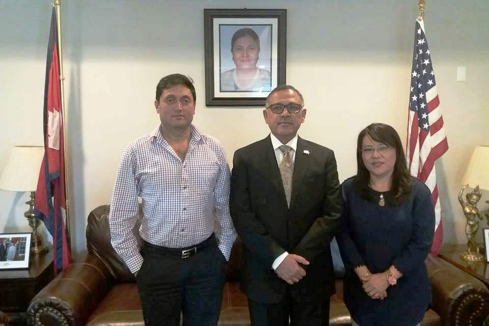Emabassdor of Nepal Dr. Arjun Kumar Karki with Nawal Khadka & Satya Kala Rai in Washington DC (U.S.A.)